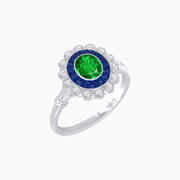 Vintage Inspired Oval French-Cut Double Halo Floral Ring - Shahin Jewelry